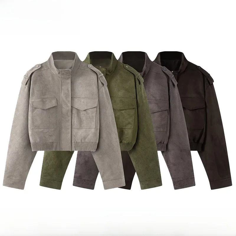 Early Autumn New Arrival Women's Fashion Short Belted Jacket Outerwear Polyester Fiber Slim Fit Long Sleeve Zipper Closure