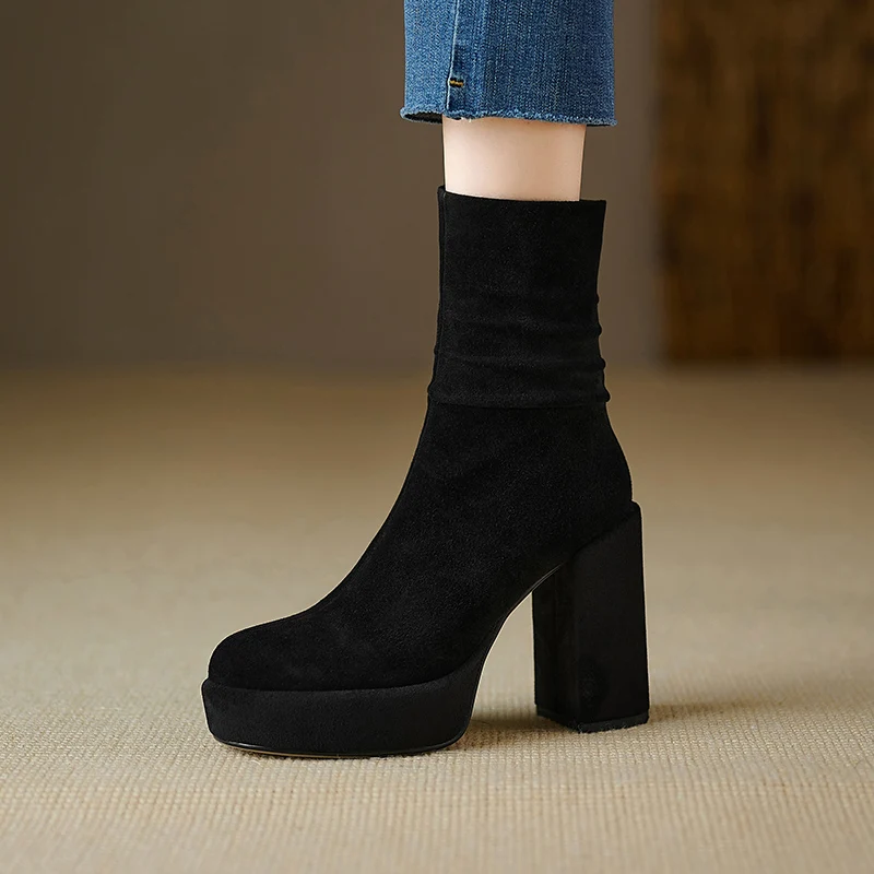 امرأة حذاء من الجلد جولة تو جلد طبيعي كتلة كعب مطوي بوتاس الجانب البريدي الخريف أحذية موضة الشتاء الدافئة بوتاس #4