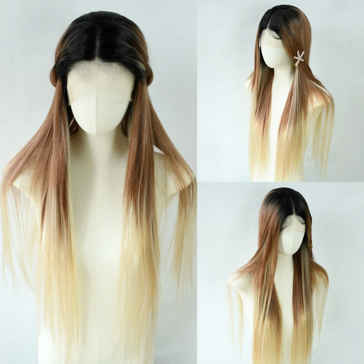 Ombre Brown Blonde Bone Straight Lace Front Wig 13x4 HD Lace Frontal Wig Synthetic High Quality Daily Wear Cosplay for Wemon