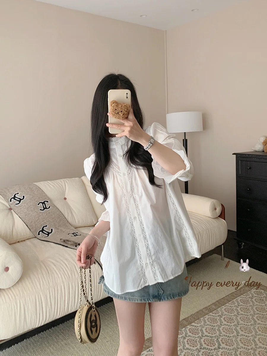 

Juicecola Gentle Wind White Bubble Sve irt Loose Design Doll irt Lace Splicing Top Women's Faion Breathable Skin-fri...