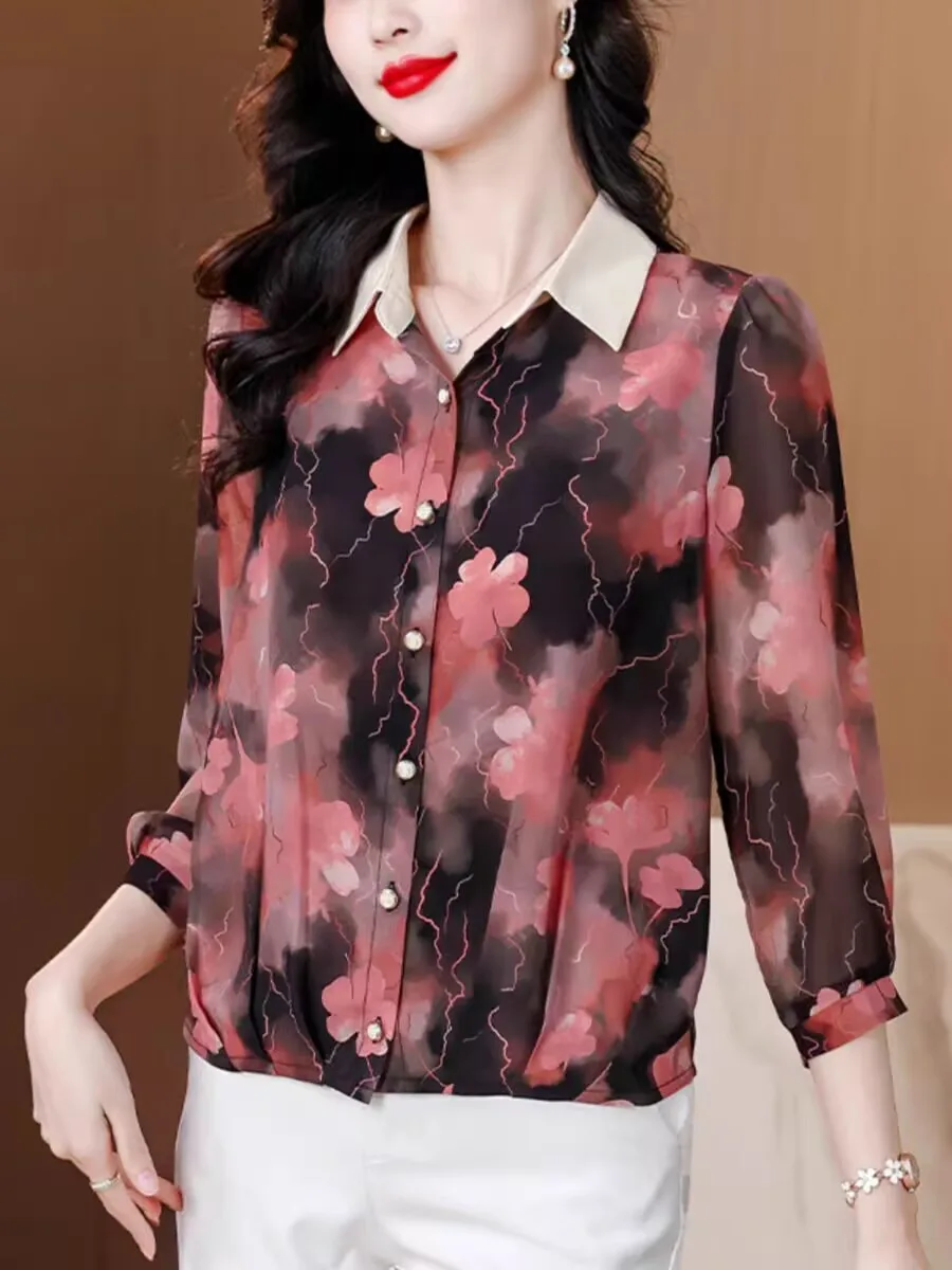 2025 ثلاثة أرباع أنيقة الربيع الصيف امرأة بلوزة بلايز أنثى رفض طوق الشيفون فضفاض مكتب الحلو الزهور المطبوعة