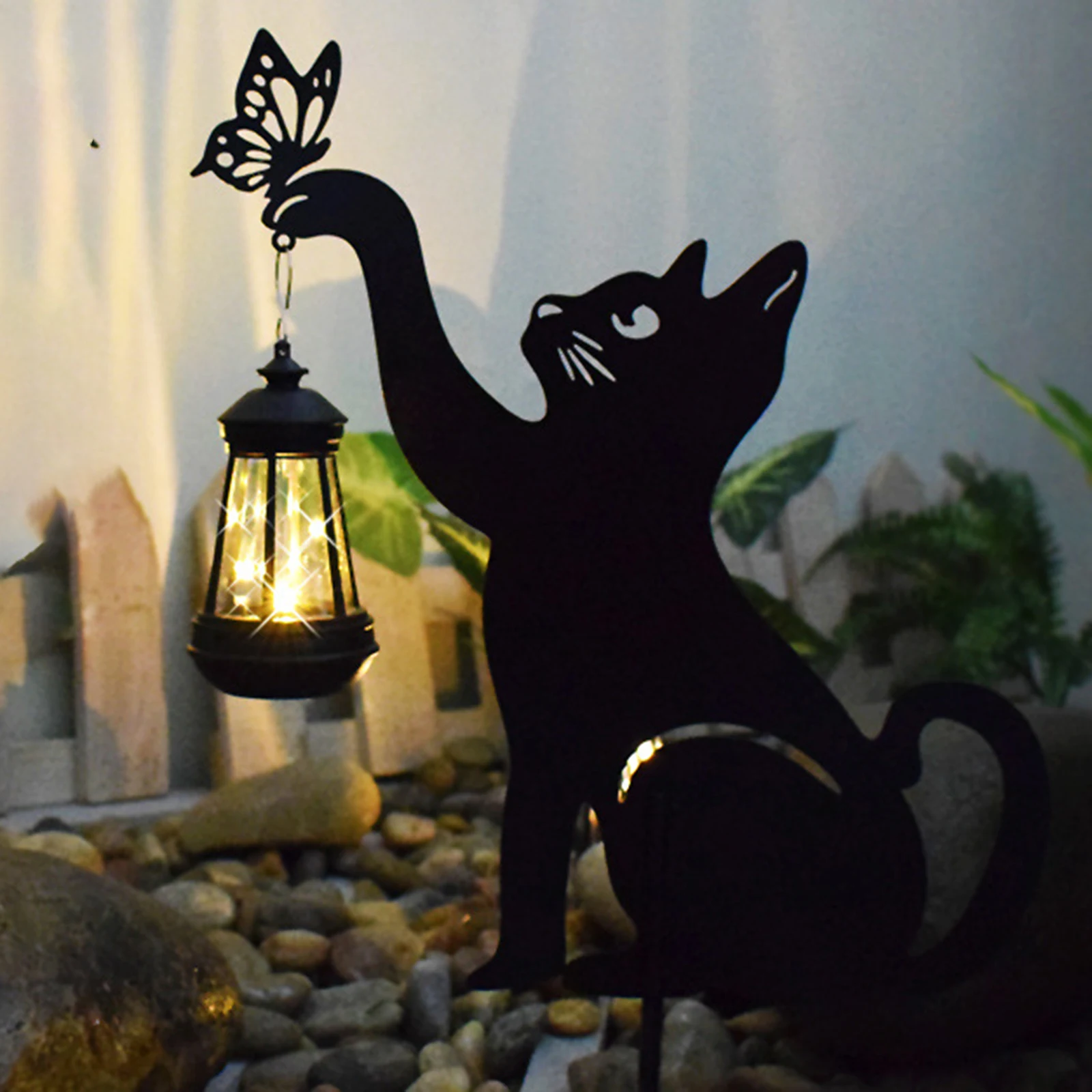 21.6inch Solar Outdoor Waterproof Lawn Lamp Silhouette Cat Lantern Courtyard Garden Iron Art Sign Landscape Decorative Lamp