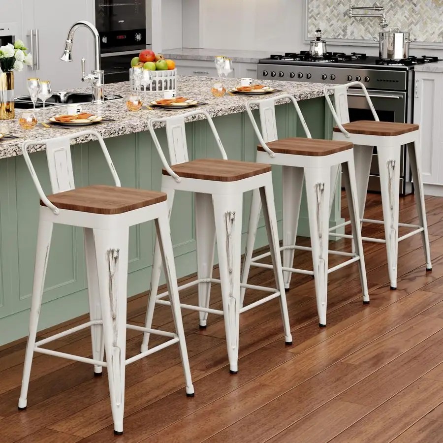 

24 Metal Bar Stools Set of 4 Counter Height Barstools Industrial Counter Stool Kitchen Bar Chairs with Modern Wooden Seat, Distr