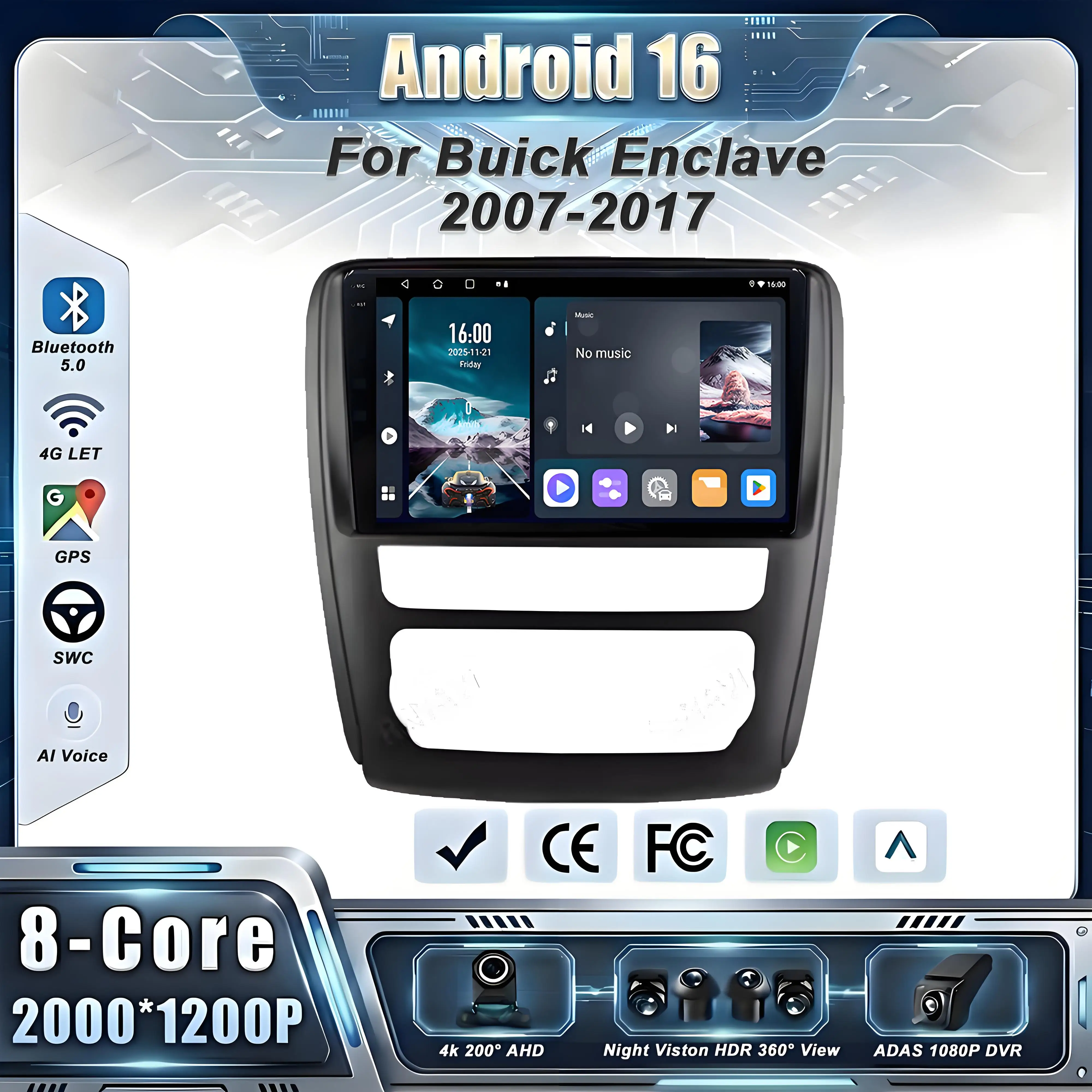 Car GPS Android 16 Auto Radio For Buick Enclave 2007-2017 Head Unit Multimedia Player 5G BT stereo GPS Screen Head Unit DVD GPS