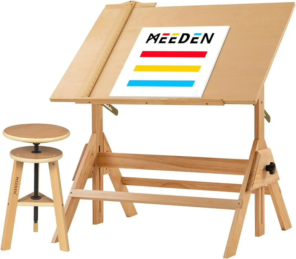 MEEDEN Wood Drafting Table & Stool Set,Artist Stool and Craft Table with Adjustable Height,Tiltable Tabletop for Artwork,