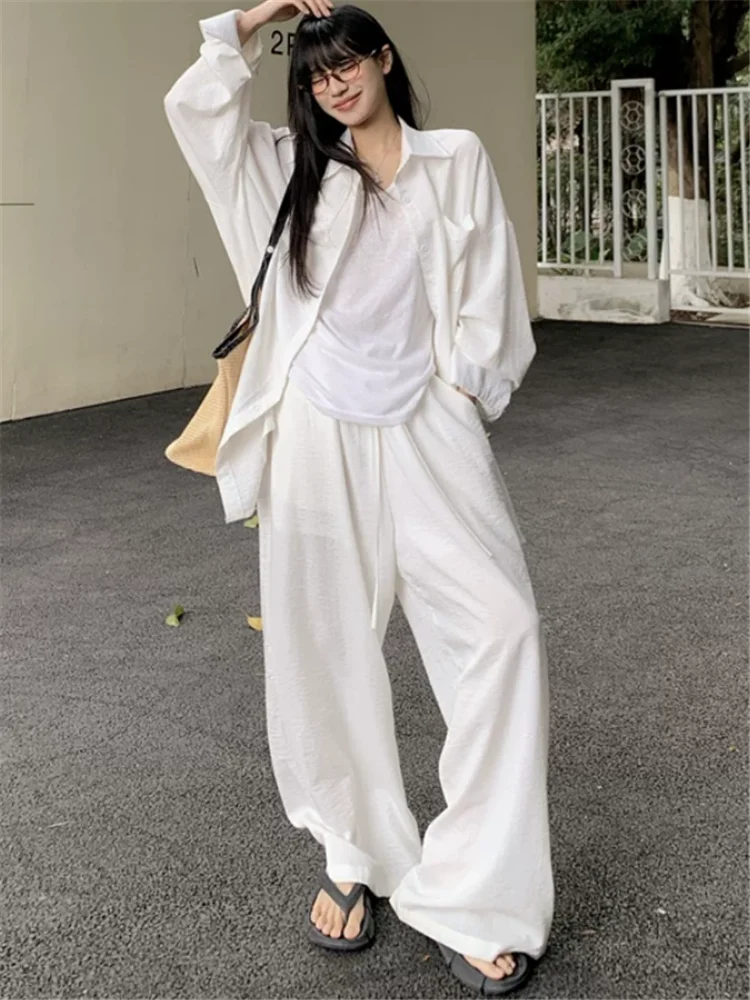 Old Money Lazy Style Black White Two Pieces Sets Linen Casual Loose Shirt&Long Wide Leg Pants Holiday Chic Relaxed 2pc Suits