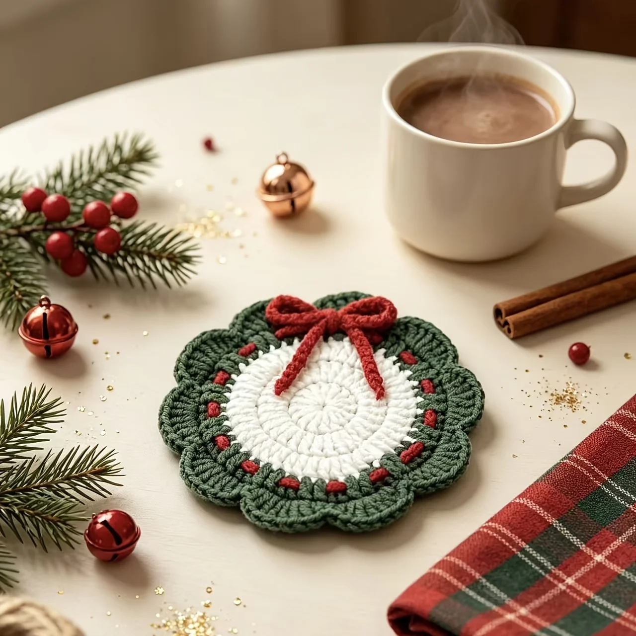 Christmas Hand Crochet Coaster Red Green Wreath Bow Heat Resistant Mat Absorbent Table Decor Cup Pad Tabletop Decoration Gift