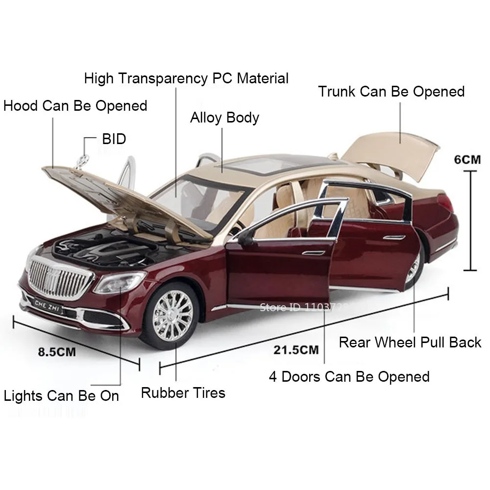 Maßstab 1:24 S600 62S Automodell Miniaturspielzeug Metalldruckguss Türen geöffnet Zurückziehen Sound Licht Geburtstagsspielzeug Geschenke für Kinder