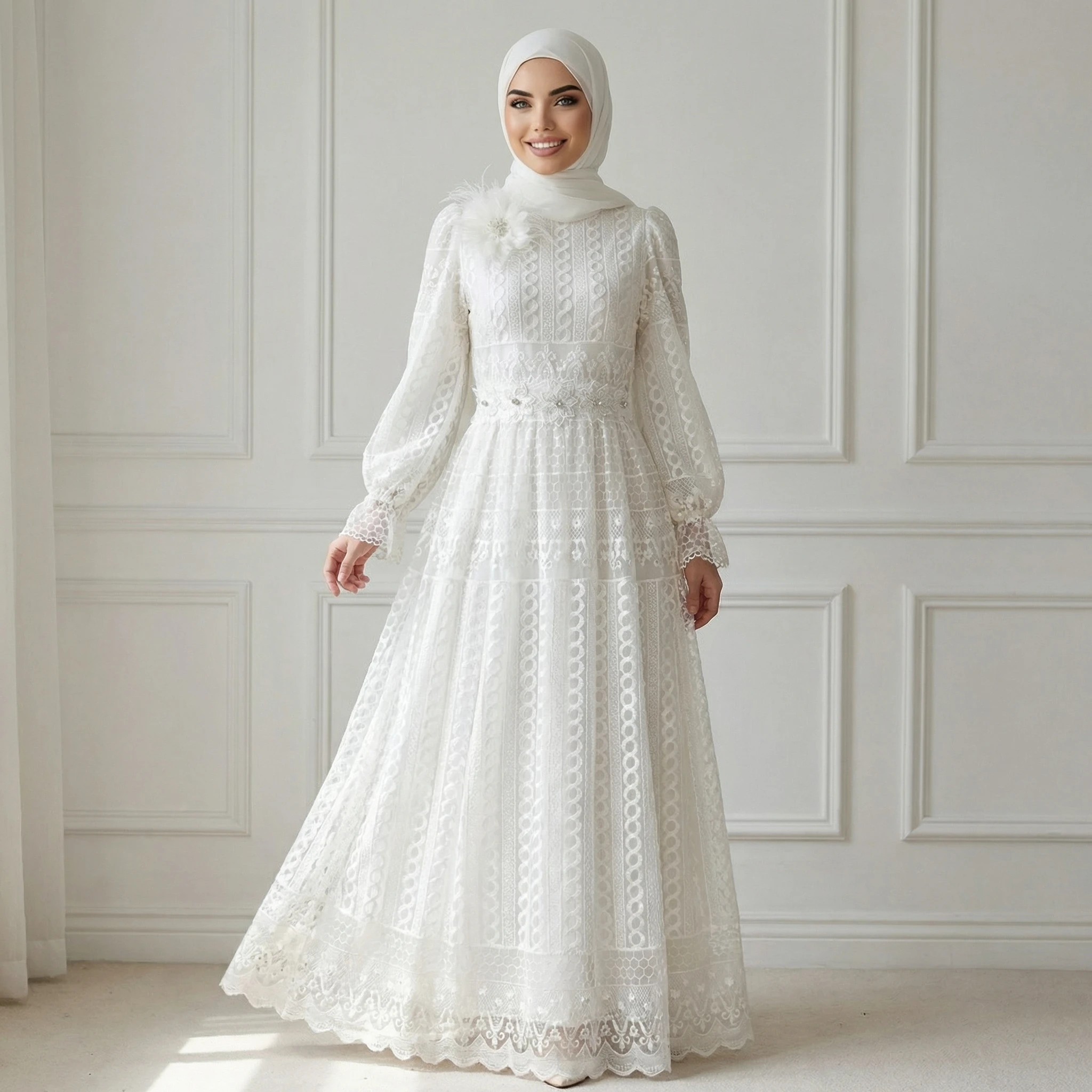 Muslim Women Maxi Dress Full Embroidery Asian Size Floor Length Mock Neck Feminine Eid Evening Dress Hijabi Gown with 3D Flower