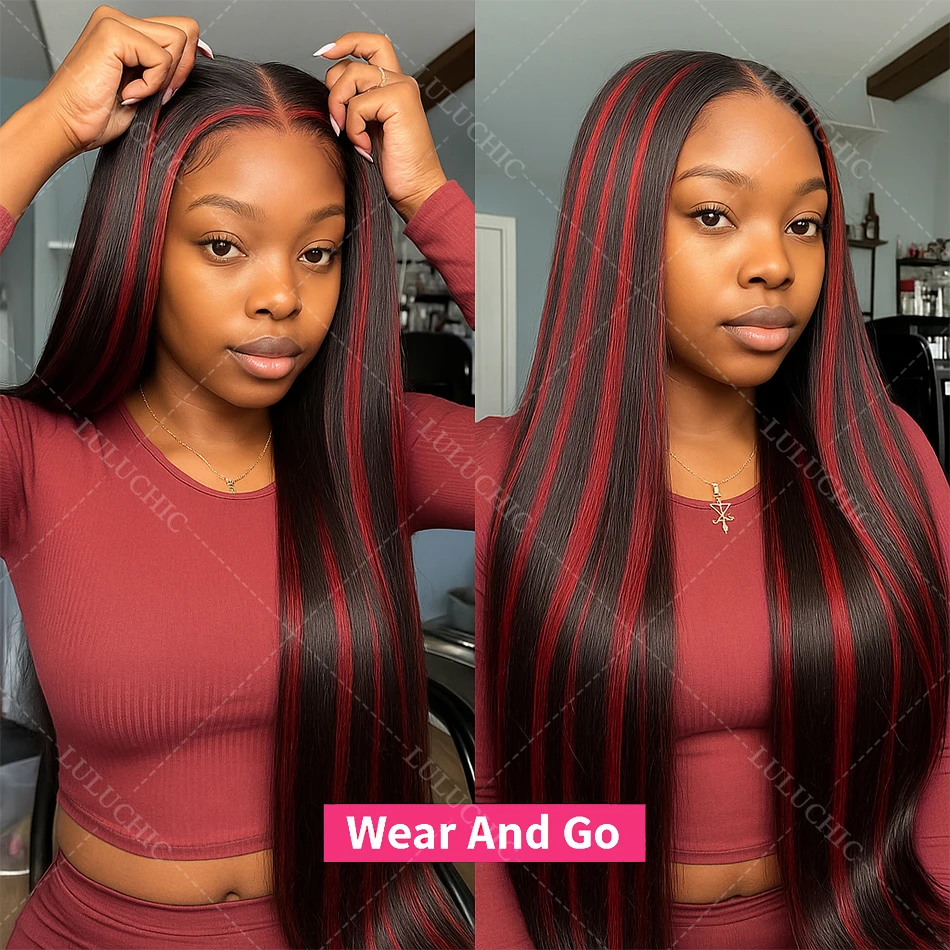 1B/99Jバーガンディ色の接着剤不要人毛ウィッグ、すぐに着用可能、赤色のハイライト入りオムバーブラックヘア、5x5クロージャー、ボーンストレートウィッグ、セール中