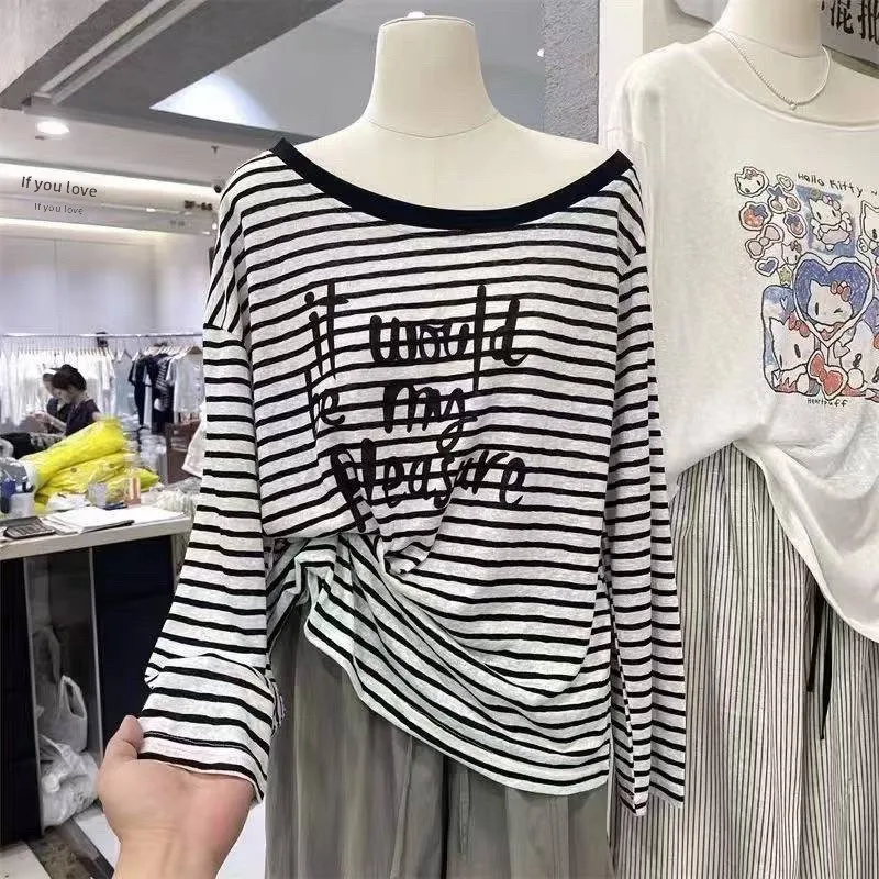 

Футболка Lazy Sle в полоску с буквенным принтом, асимметричная длинная футболка-свек, женский топ Agel, модный повседневный свободный крой