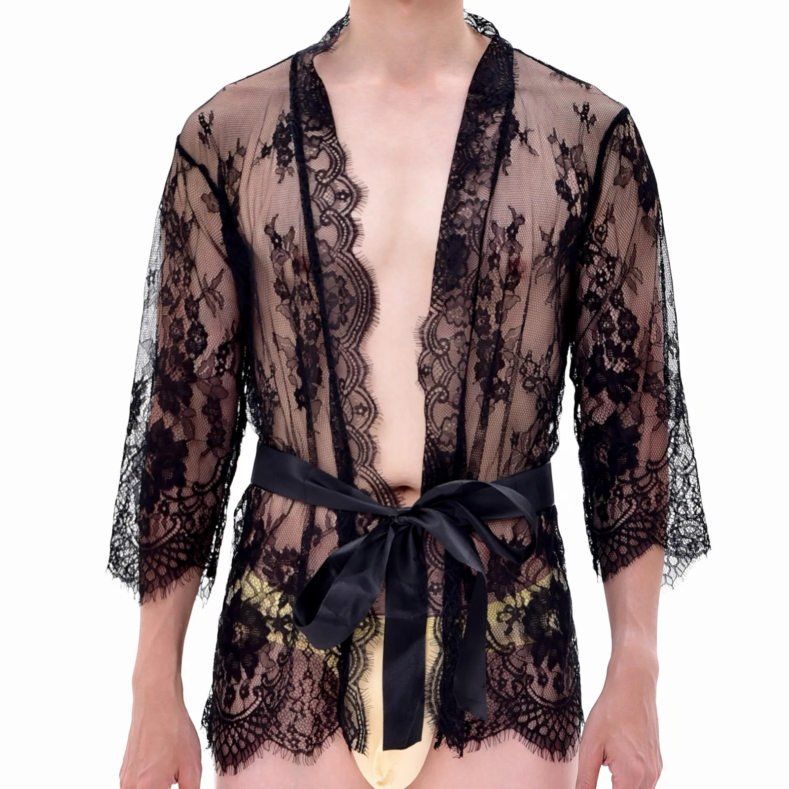 Sexy Men Hot Lingerie Porno Sleepwear for Sex Front Buckle Babydoll Transparent Lace Dress Mesh Sleepwear Lingerie Sex Clothes