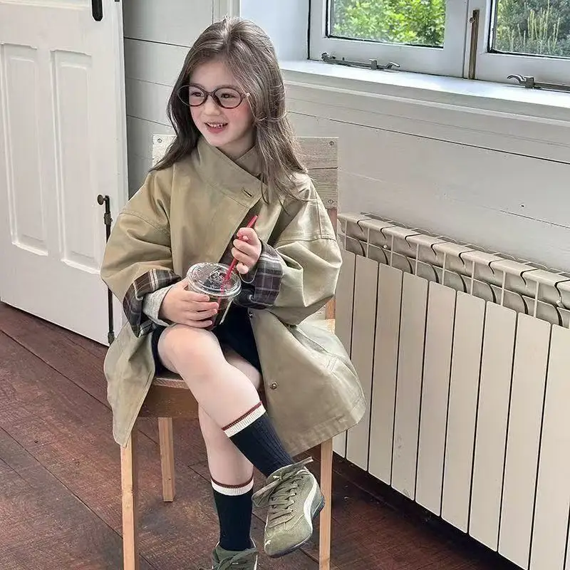2-9 سنوات الأطفال سترة واقية الربيع والخريف 2026 نمط جديد فتاة طفل عادية ريترو متوسطة طويلة سترة 90-150 سنتيمتر