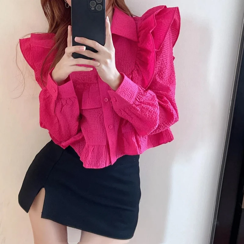 Women Ruffle Rose Red Long Sleeve Blouse Solid Ruffle Polo-Neck Elegant Pleated Shirt Blusas Korean Button Sweet Up Cute Tops