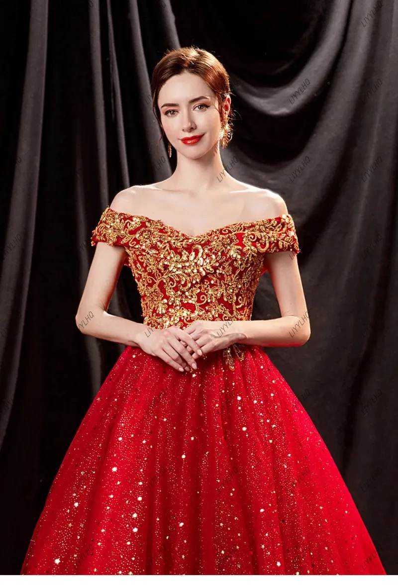 Trendy Sequined Red  Bride Wedding Prom Gown Shinning Sleeveless Off-Shoulder Gold Floral Evening Dresses robes de soirée