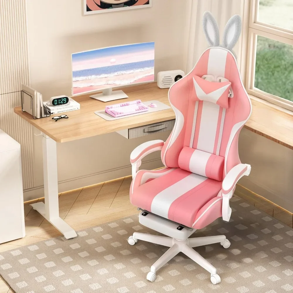 Gaming Chair with Bunny Ears, Ergonomic Cute Gamer Chair with Footrest and Massage, Racing Reclining Home Computer Game Chair