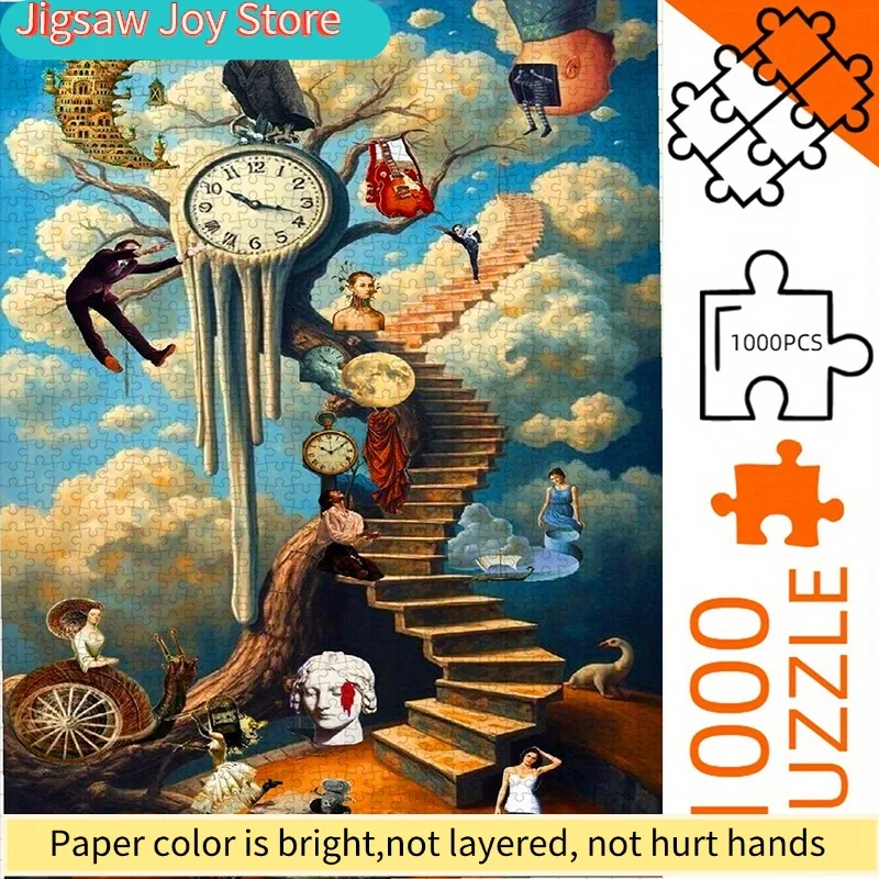 Paper Puzzle, DIY Jigsaw Puzzle for Adults, Surreal Dream Ladder Melting Clock Scene, Home Leisure & Couples Interactive Puzz