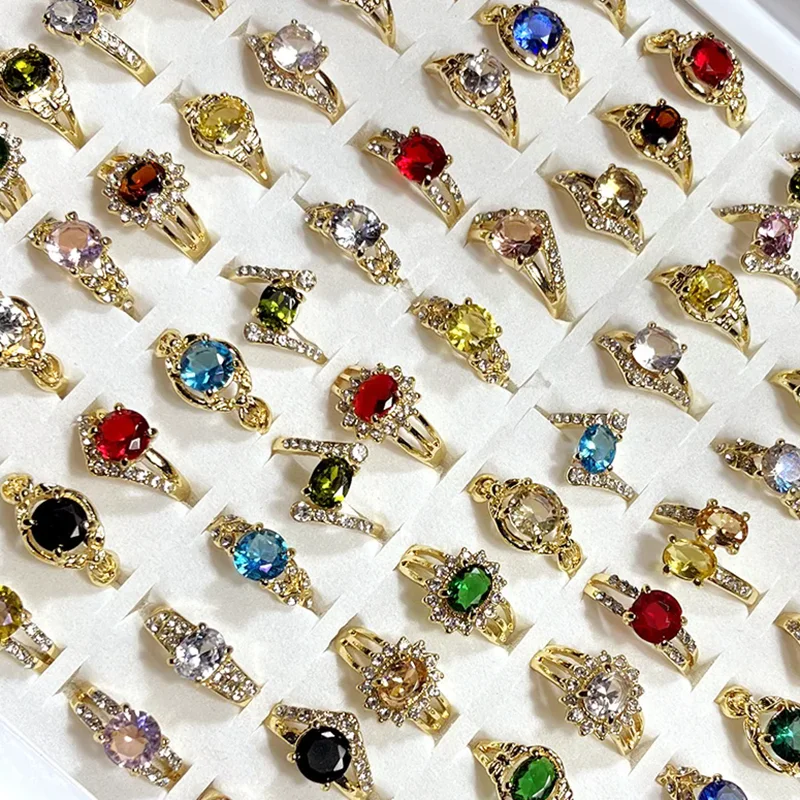 100Pcs Fashion Multicolor Zircon Crystal Gold Plated Ring For Feminine Women Jewelry Bulks Rings Lots LR4215