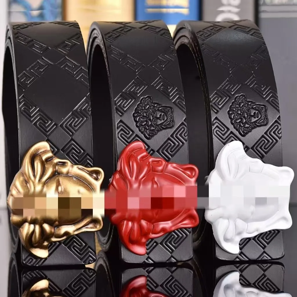 Cinturón de cuero con hebilla suave y cabeza de calavera para hombre, dos capas de piel de vaca, personalidad a la moda, combina con todo, cinturón sencillo