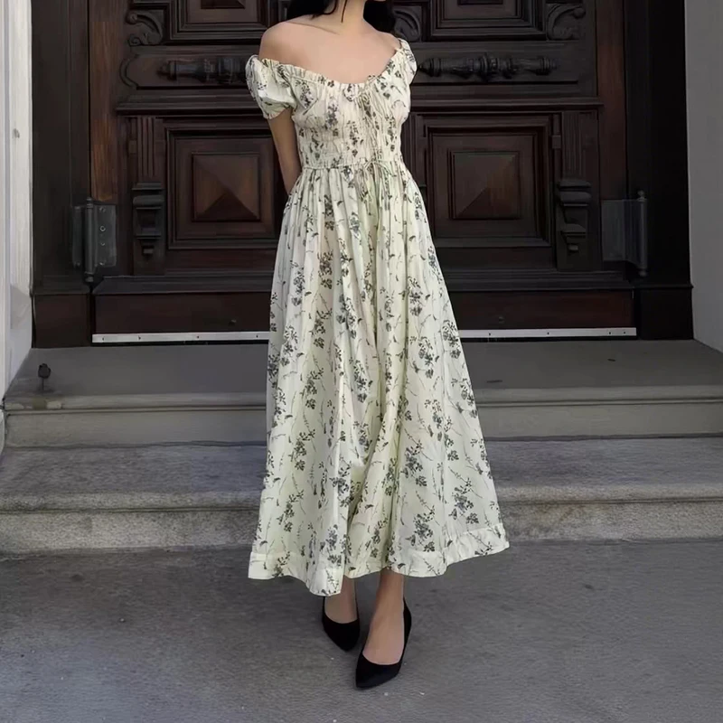 

Elegant Pure Cotton Lightweight Short Sleeve Floral Print Women's Dress French Style A-Line Skirt V-Neck Bubble Sleeve