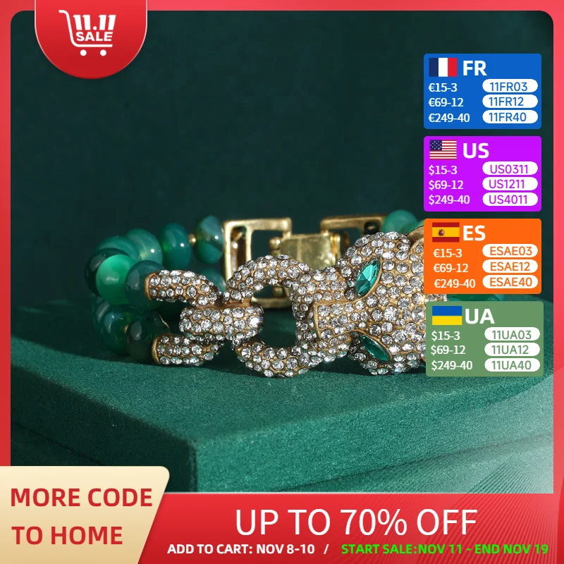 

Vintage Rhinestones Leopard Head Bangle Bracelet Natural Stones Raw Green Bead Silver Color Accessories Luxury Designers Jewelry
