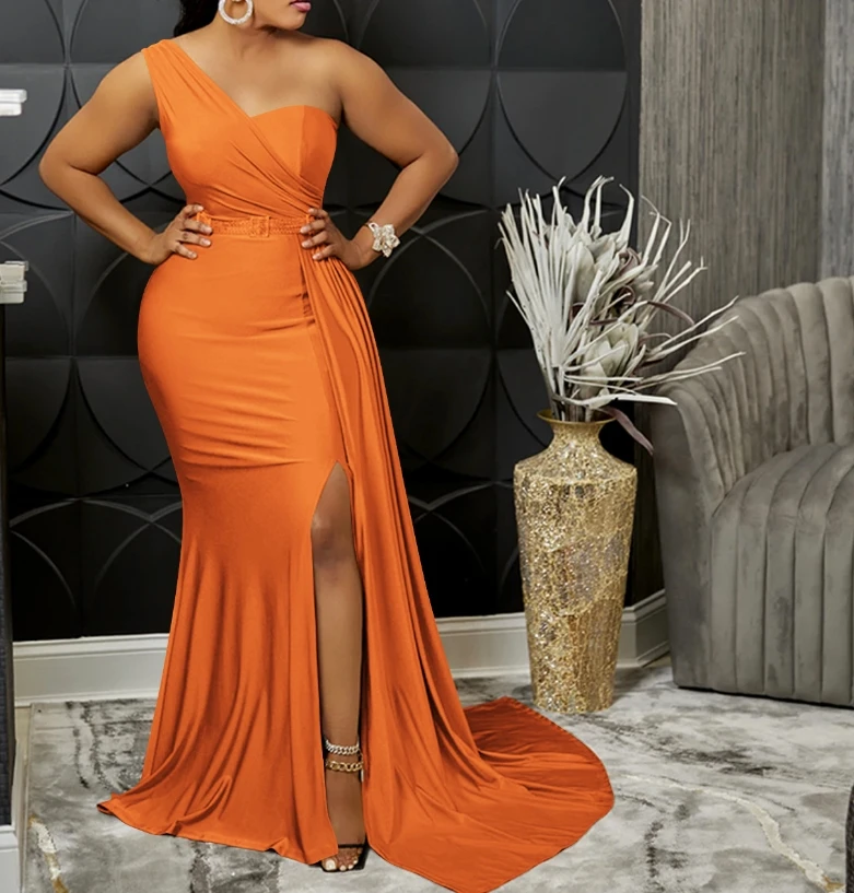 

Solid Color Evening Party Tight Fitting Single Shoulder Sleeve Dress Long Skirt Women New Fashion 2025 Casual Female Clothing