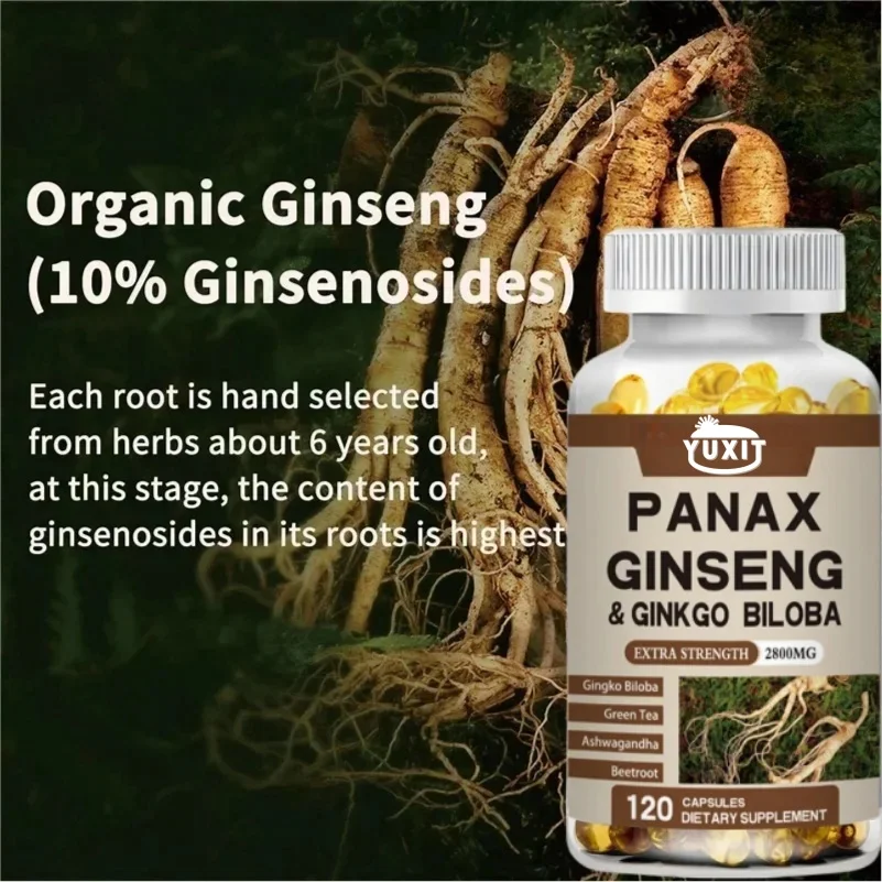 Auténticas hojas coreanas de ginseng + ginkgo biloba, 120 cápsulas vegetarianas, 2800 miligramos de energía masculina y femenina