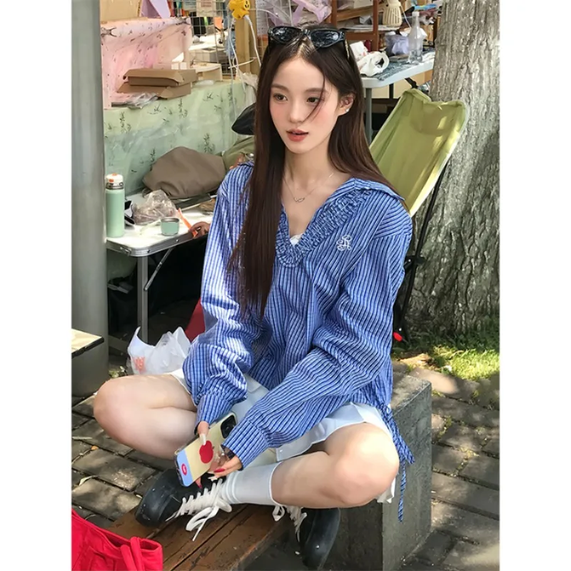 Chemise à carreaux à manches longues pour femmes, col en v, Style Preppy doux, chemise à bandes Y2K, pull brodé, mignon, confortable, haut pour femmes, printemps