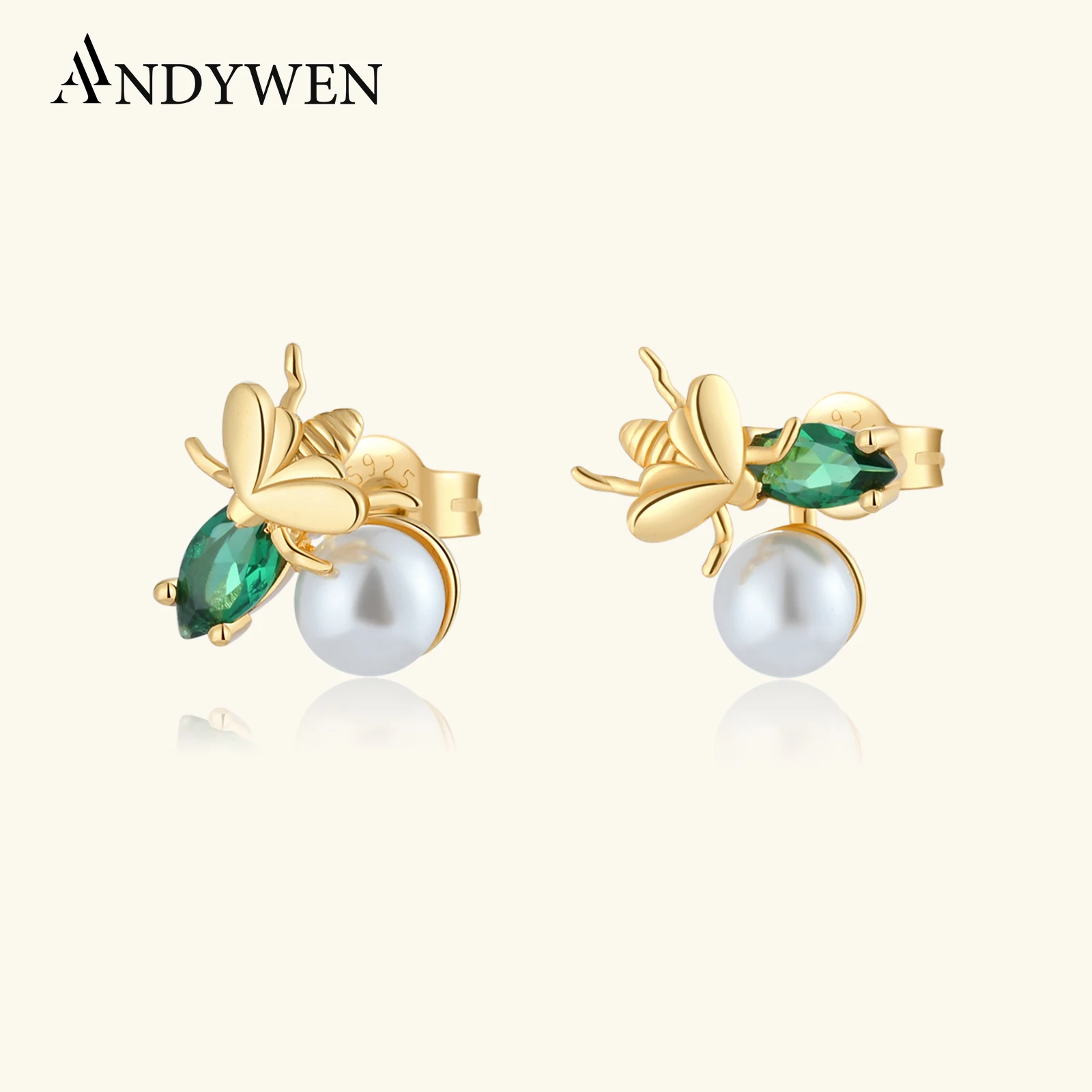 ANDYWEN 925 Sterling Silver Green CZ Zircon Pearl Stud Earring Women Luxury Bee Piercing Pendiente Clips 2025 Fine Jewelry Party