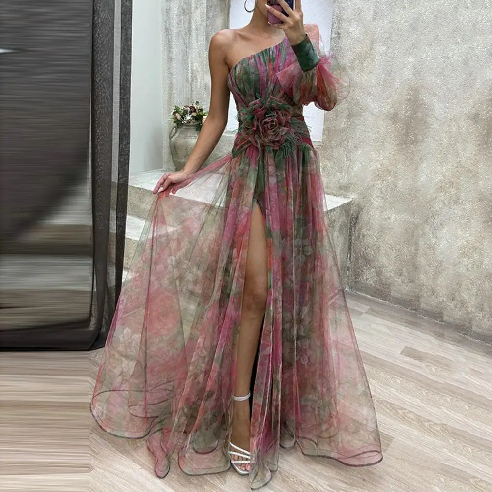 

Skew Collar Mesh Split Maxi Dress Elegant Ladies Dress Fashion One Off Shoulder Dress Summer Tie-dye Print Ball Gown Dresses