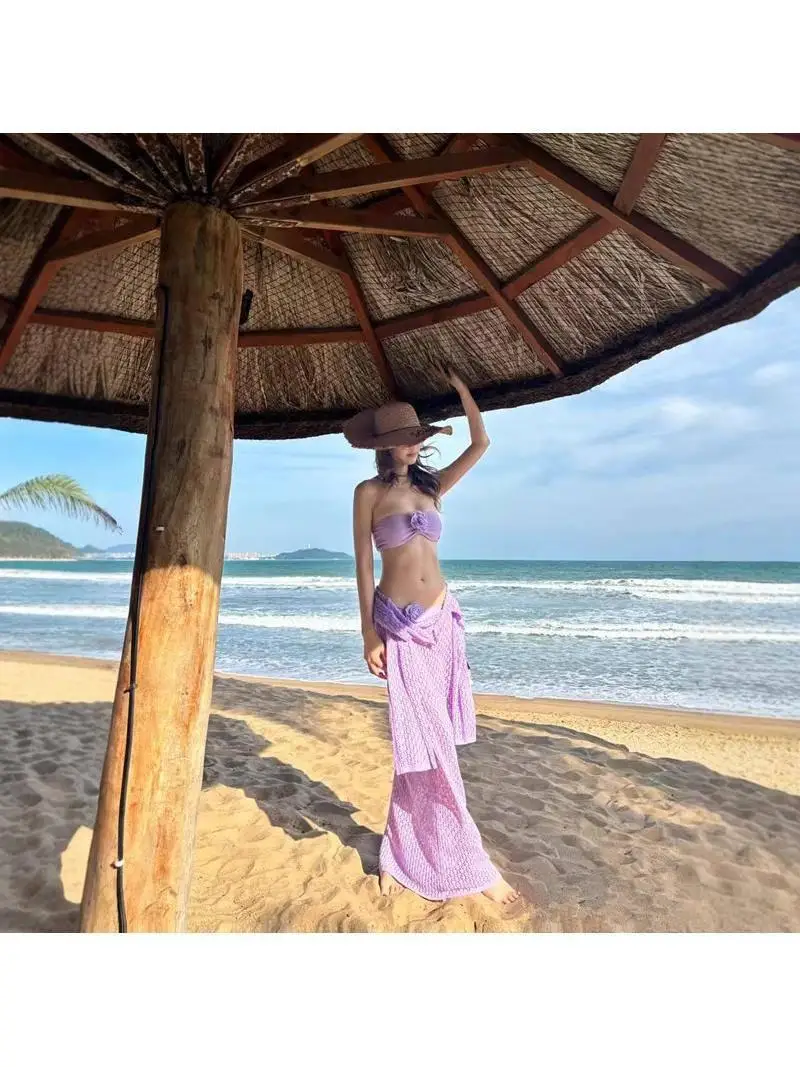 Superbe ensemble de bikini de plage taille haute pour femme t-shirt jaune Long Dr Island Vaion Sle Polyester Long Sve Dr