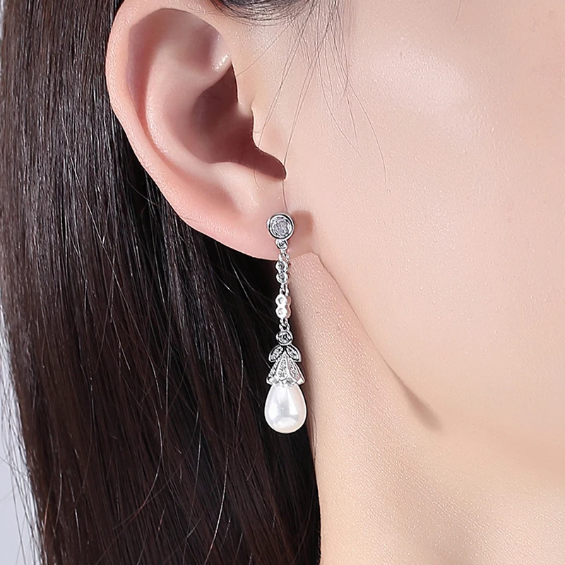 LUOTEEMI Vintage Imitation Drop Pearl Earrings Elegant Women Fashion Tiny CZ Long Earring Classic Design Korean Pearl Jewelry