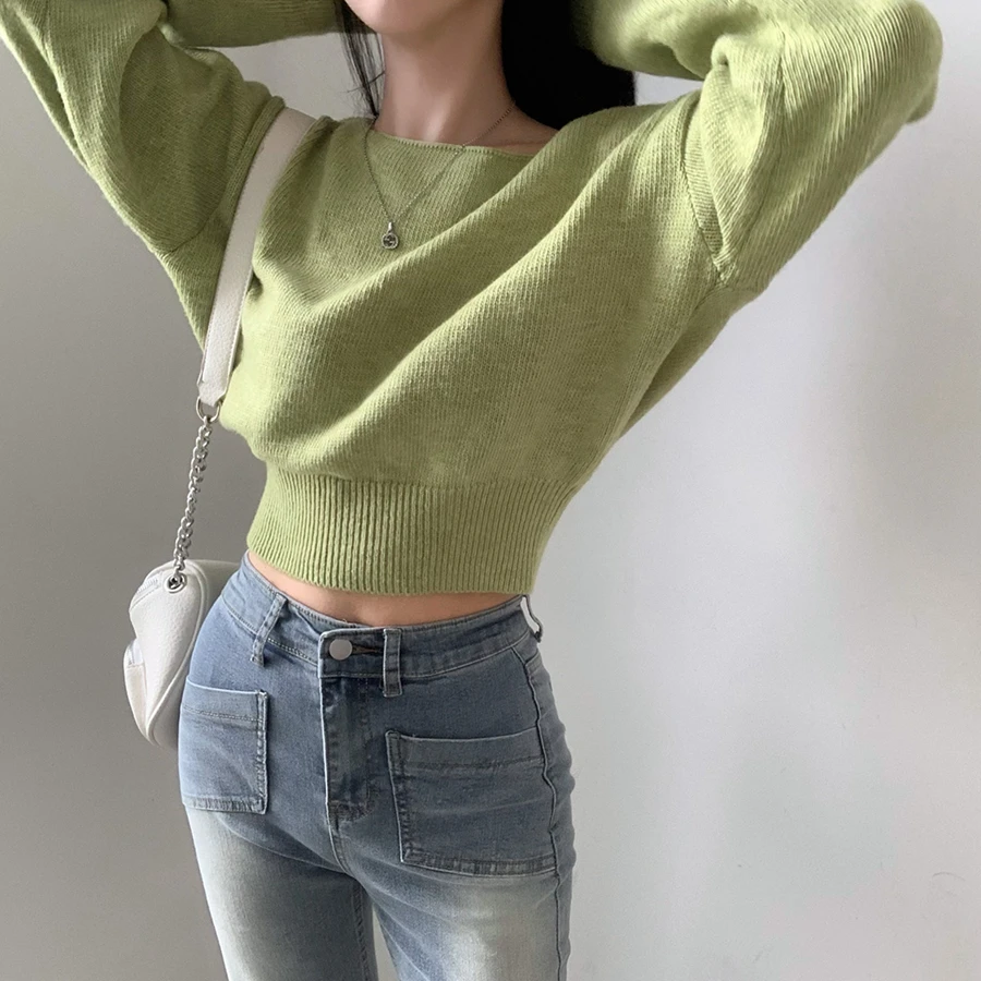 

Korean style Chic basic versatile one-word collar long-sleeved pullover solid color knitted sweater women