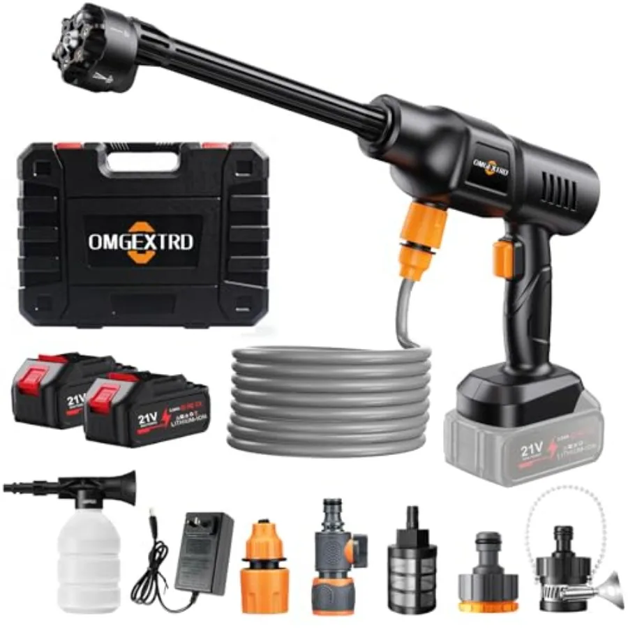 

Portable cordless car washer for car/garden/floor cleaning: self-priming 3.0Ah battery×2 6-in-1 nozzle foam sprayer 17FT hose b
