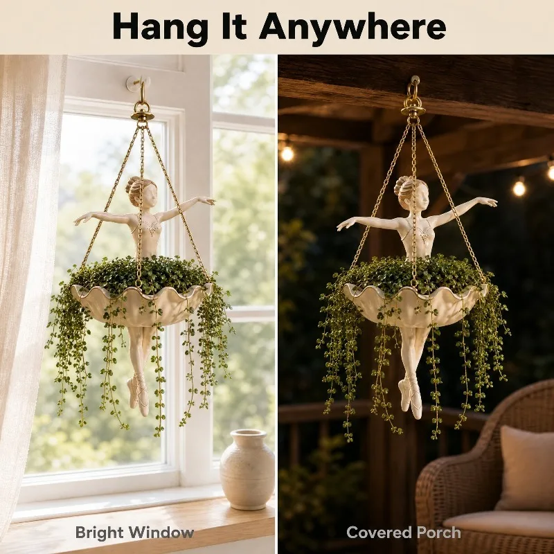 Ballet Dancer Hanging Planter, Cute Resin Ballerina Plant Pot, Elegant Dancer Artistic Plant Holder for Trailing Vines Succulent