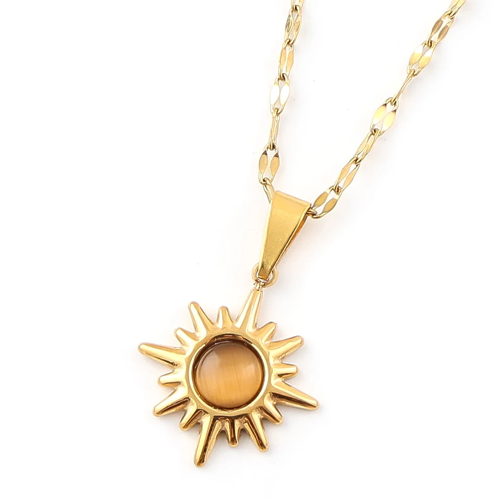 

Tiger Eye Stone Sunbrust Pendant Necklace For Women Girls Stainless Steel Gold Plated Aesthetic Lip Chain Summer Jewelry Gift