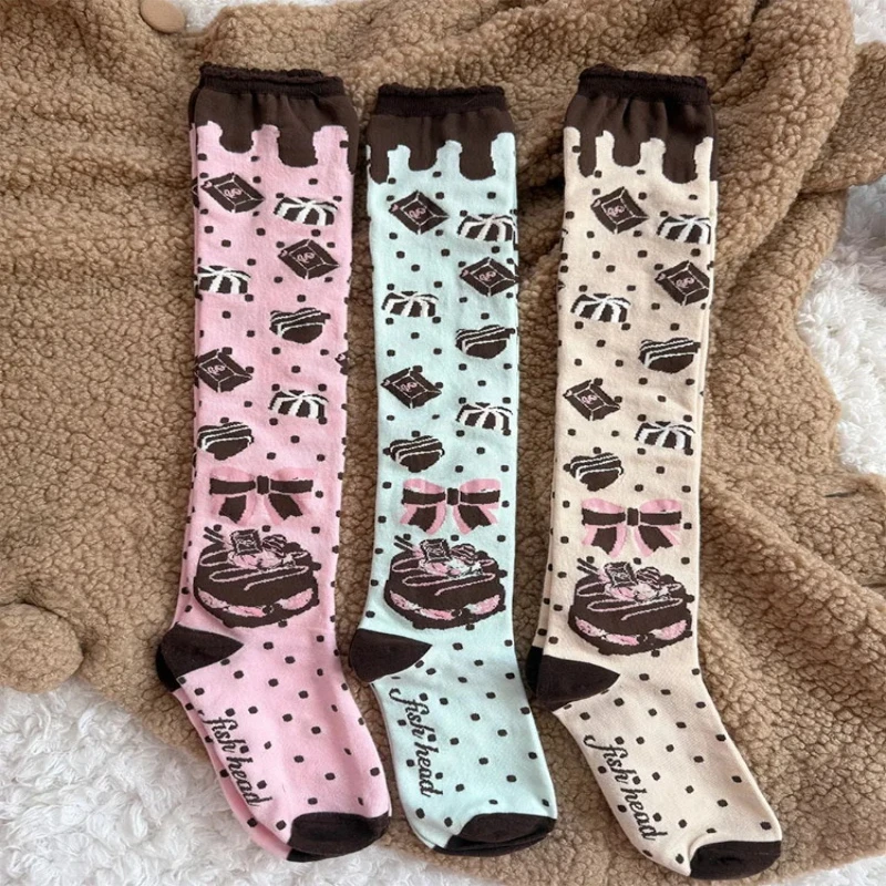 Oryginalne skarpetki do połowy łydki Qiaoqiao Cake, skarpetki bawełniane z motywem ciasteczka czekoladowego, skarpetki LOLITA z koronką, skarpetki damskie do połowy łydki
