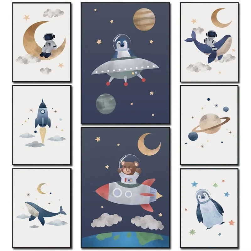 Galaxy Nursery Wall Art Cartoon Space Adventure Rocket Astronaut Whale Planets Canvas Print Outer Space Themed Kids Room Deco