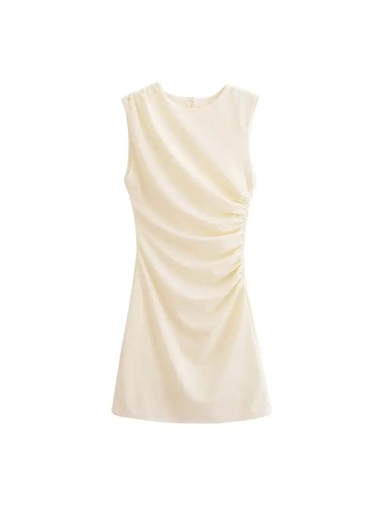 TRZA-Women's Draped Mini Dress, O Neck, Sleeveless, Back Zipper, Female Dresses, Sexy Fashion image 2
