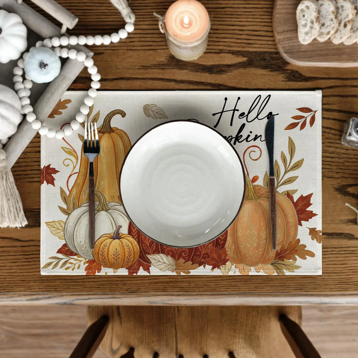 Orange Maple Leaves Fall Placemats Set of 4-12x18 Inch Heat-Resistant Table Mats,Washable  Autumn Hello Pumpkin Dining Decor