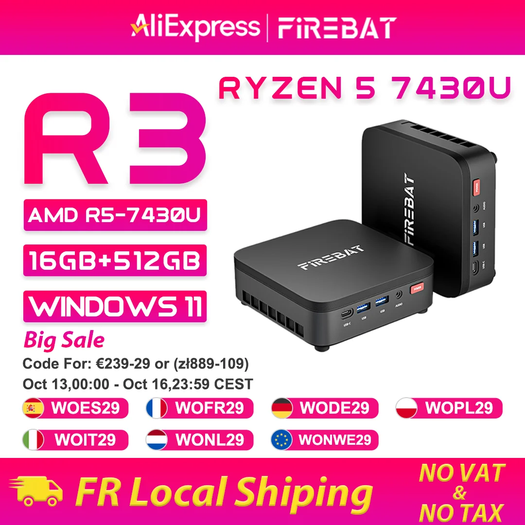 FIREBAT R3 Mini-PC, neues AMD Ryzen 5 7430U, 16 GB LPDDR4 RAM, 512 GB SSD, Windows 11, Wi-Fi 6, USB 3.0, BT5.2, Gaming-Desktop-Mini-Computer.