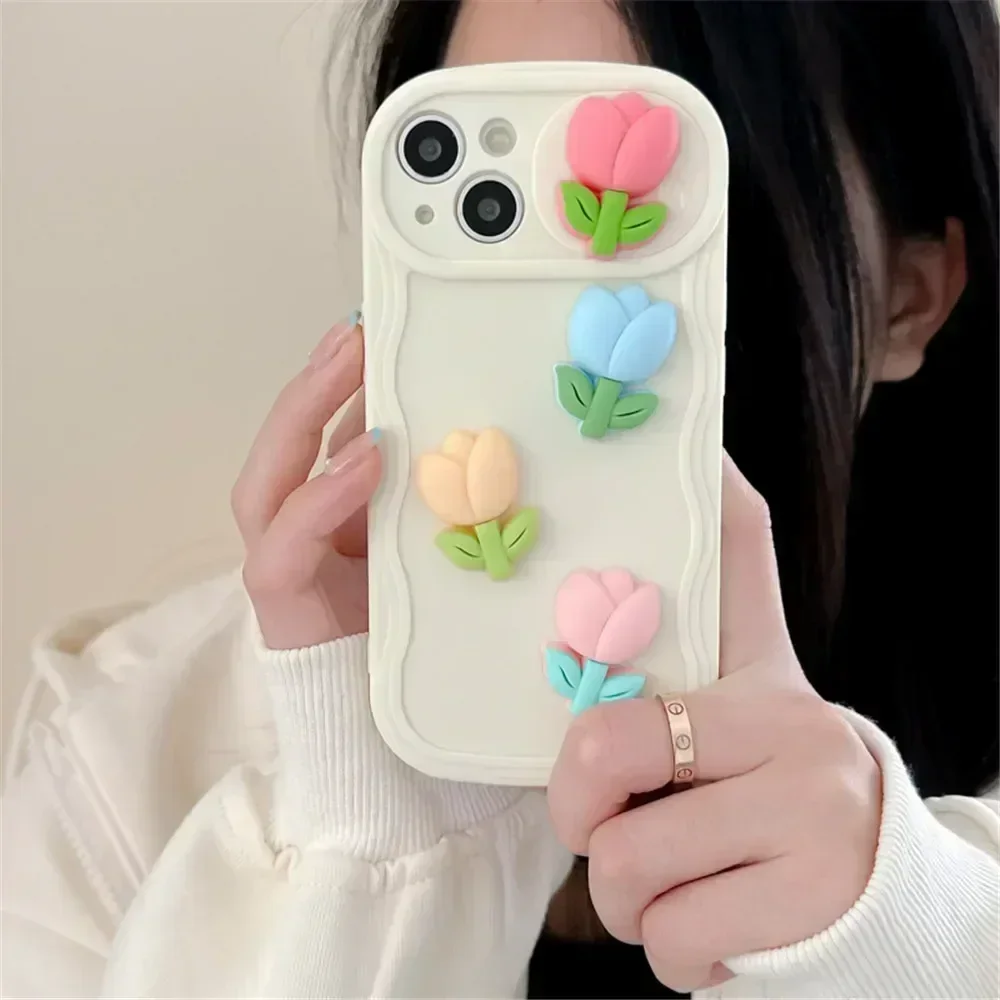 3D Cute Tulip Push Window Slide Camera Protector Phone Case For iPhone 14 Pro 11 12Pro 13 13Pro Max Silicone Back TPU Cover Capa