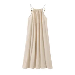 PB&ZA2024 Summer New Product Fashion Casual Women's Vacation Style Loose Beaded Embellishment Hanging Strap Long Dress