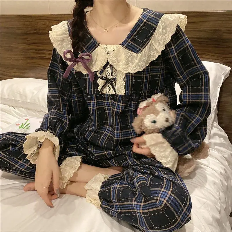 Cotton Sleepwear Women Lace Kawaii Clothes Long Sleeve Long Pant Pajama Sets Loungewear Korean Fashion Homewear 2pcs