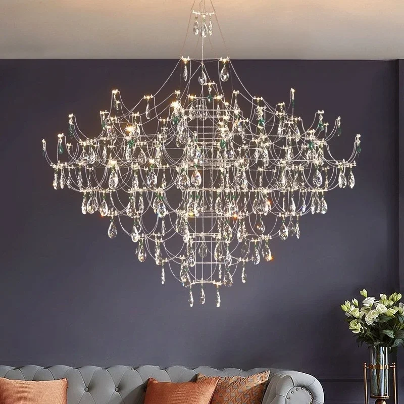 

Modern starry sky firefly chandelier villa duplex staircase hanging living room crystal chandelier