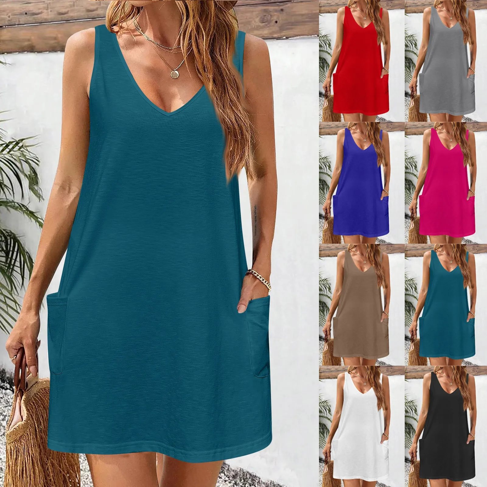 Vestido de verão solto grande para mulheres, vestido Boho Beach, vestidos com gola V, camisetas bolsos, casual