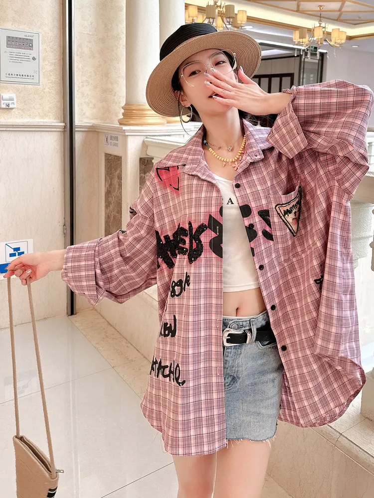 

Женская рубашка-кардиган оверсайз в клетку с длинным рукавом, с мультяшным принтом, винтажная, в стиле хип-хоп, уличная одежда, весенняя, оптом