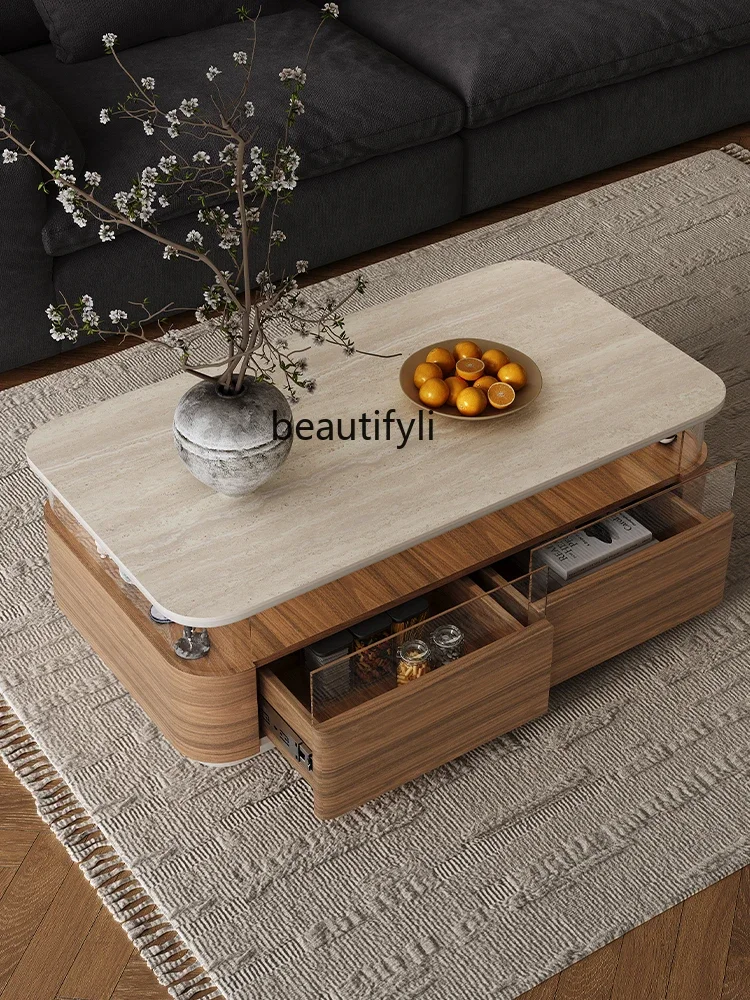 

Travertine rock slab coffee table living room 2025 new home light luxury high sense medium and ancient rectangular table