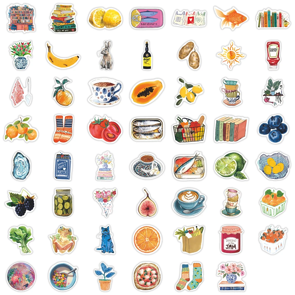10/30/55pcs Creative Retro Mediterranean Food Aesthetic Stickers Waterproof DIY Suitcase Notebook Laptop INS Cartoon Sticker Toy