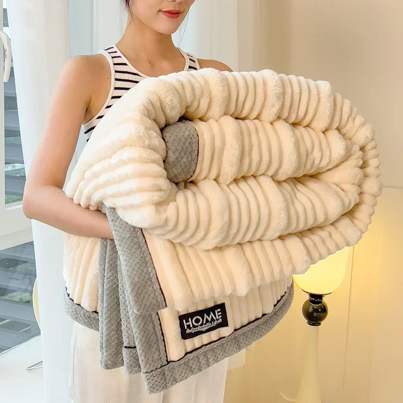 A-Class New Rabbit Plush Winter Thick Warm Coral Fleece Blanket Solid Color Double-Sided Cover Blanket Suitable Bedroom Supplies